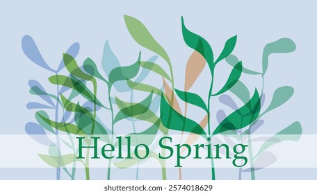 Spring time. Transparent pastel leaves overlapping on a blue background create a serene and minimalist botanical vector illustration with text Hello Spring