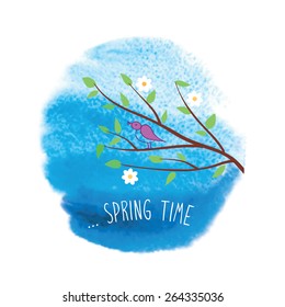 Spring time. Tree with flowers and bird on a blue watercolor background. Symbol of spring. Vector illustration