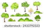 Spring time trees with flowers. Collection of forest trees and bushes illustration