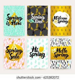 Spring Time Trendy Brochures. Vector Illustration of 80s Style Poster Design with Handwritten Lettering.