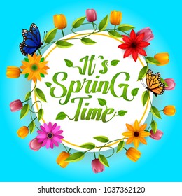 It's spring time vector greeting background design template with white space for text ,colorful flowers and elements for spring season. Vector illustration.
