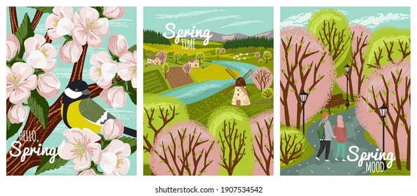 Spring time vector hand drawn posters. Spring season illustrations of happy couple walking in a park, rural landscape with farm and windmill and great tit bird on a cherry blossom branch