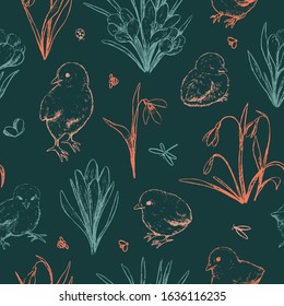 Spring time vector seamless pattern. Flowers snowdrops, crocuses, chickens hand drawn background. Colored bright wallpaper for Easter design, textile, prints, wrapping, card. Vintage ink sketch style