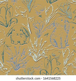Spring time vector seamless pattern. Flowers snowdrops, crocuses, chickens, rabbits hand drawn background. Colored bright wallpaper for Easter design, textile, print, wrapping, card Vintage ink sketch