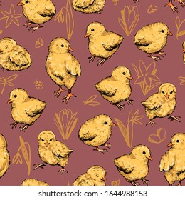 Spring time vector seamless pattern. Flowers doodles, cute chickens hand drawn background. Colored bright wallpaper for Easter design, textile, prints, wrapping, card. Vintage realistic sketch style.