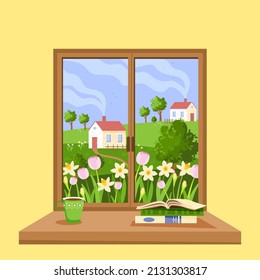 Spring time.  Wooden window overlooking the rural landscape.  Beautiful country scene.  Spring morning with blooming fragrant flowers.  Nature at different times of the year.  Vector illustration in a