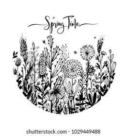 Texto de primavera con flores dibujadas a mano en un círculo, Conjunto de elementos de doodle negros, hierba, hojas, flores. Ilustración vectorial, elemento de diseño para tarjetas de felicitación, impresión, banners y otros