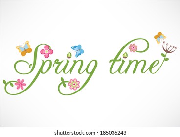Spring time words, flowers and butterflies illustration and vector art
