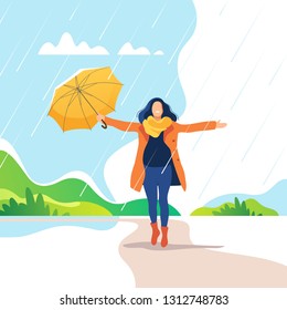 Spring time. Young happy woman with umbrella in a park. Healthy lifestyle and recreation leisure activity. Vector illustration.