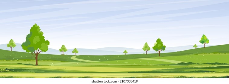 Tiempo de primavera, Sunny day Verano paisaje en pueblo con campo verde, nubes y fondo azul del cielo.Campo rural con montaña, pastizales, luz solar por la mañana,Vector Naturaleza paisaje fondo de dibujos animados