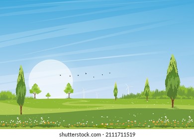 Frühlingszeit, Sonntagslandschaft im Dorf mit grünem Feld, Wolke und blauer Himmelshintergrund.Ländliche Landschaft mit Berg, Grasland, Sonnenlicht am Morgen,VektorNature-Karikaturenhintergrund