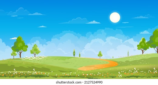 Spring Time,Sunny Day Summer Landscape In Village With Green Field,cloud And Blue Sky Background.Rural Countryside With Mountain,grassland,sunlight In Morning,Vector Nature Scenery Cartoon Background