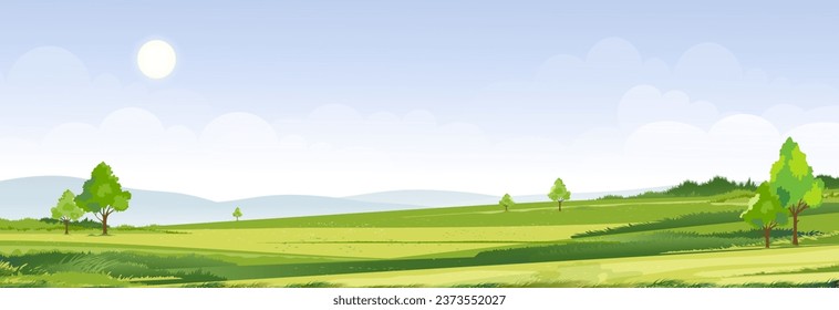 Spring time,Sunny day Summer landscape in village with green field,cloud and blue sky background.Rural countryside with mountain,grassland,sunlight in Morning,Vector Nature scenery cartoon background