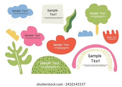 spring title design frame children's naive objects, shapes, geometric, multicolored for design cards, posters, banners