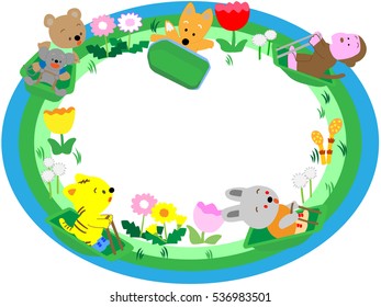 A spring title frame. Animals play with a sled.