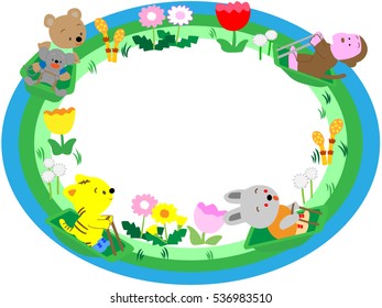 A spring title frame. Animals play with a sled.