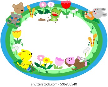 A spring title frame. Animals play with a sled.