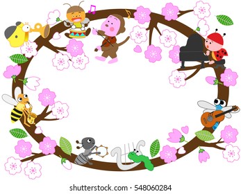 A spring title frame.Insects celebrate spring and play music.