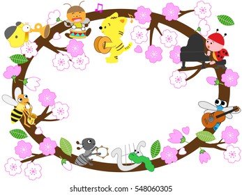 A spring title frame.Insects celebrate spring and play music.