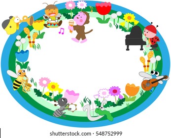 A spring title frame.Insects celebrate spring and play music.