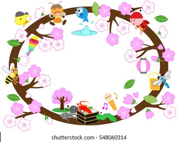 A spring title frame.Insects in celebration of the full bloom of the cherry tree.It is the cherry-blossom viewing of the traditional event of Japan.