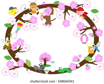 A spring title frame.Insects in celebration of the full bloom of the cherry tree.It is the cherry-blossom viewing of the traditional event of Japan.