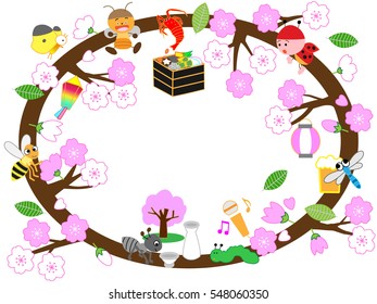  spring title frame.Insects in celebration of the full bloom of the cherry tree.It is the cherry-blossom viewing of the traditional event of Japan.