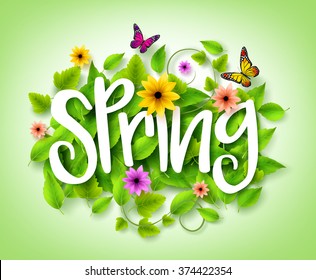 Spring Title Text with Vector Green Leaves in the Background with Colorful Flowers and Butterflies Decoration for Spring Season. 3D Realistic Vector Illustration
