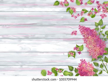 Spring top view wooden background with blooming branch of lilac on wooden background