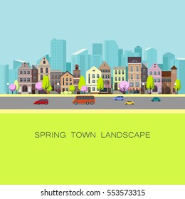 Spring town landscape.Vector illustration.Spring in the old city on the background of the modern city.