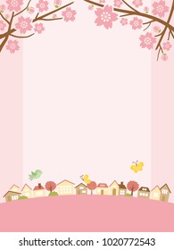 Spring town scape with cherry blossom vector background.