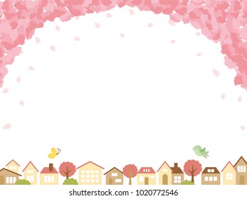 Spring town scape with cherry blossom vector background.