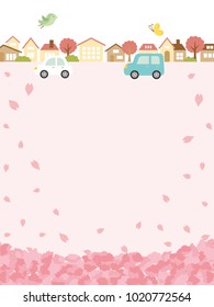 Spring town scape with cherry blossom vector background.