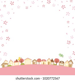 Spring town scape with cherry blossom vector background.