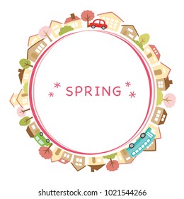 Spring town scape vector frame.