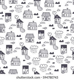 Spring town. Seamless vector pattern with hand drawn houses and clouds.