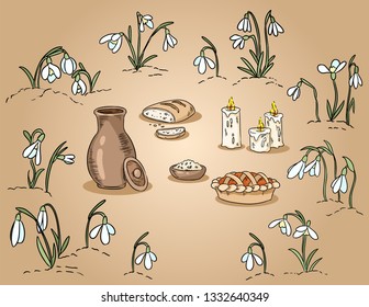 Spring traditional food among the snowdrops hand drawn colorful illustration