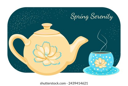 Diseño de diseño de tranquilidad primaveral con espacio de copia. Tetera amarilla con tazón azul. Plantilla editable del vector con el fondo de la textura para la cafetería, fiesta del té, vacaciones, banner, redes sociales