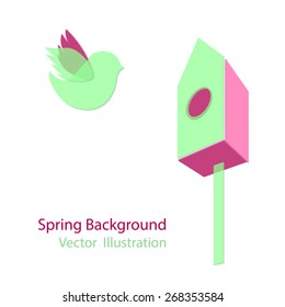 Spring transparent background. Nesting house with bird. Vector illustration. Green and pink colors