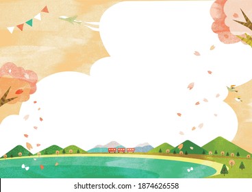 spring travel poster background illustration, cherry blossom falling