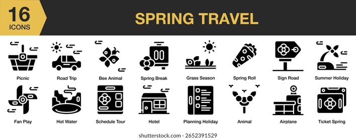 Spring Travel solid icon set. Editable Stroke Icon Collection. Includes spring, travel, summer, vacation, outdoors, and More. Solid icons vector collection.