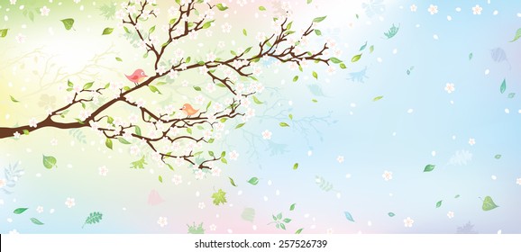 Spring tree background. Nature background for your design with place for your text on the right. Vector illustration.