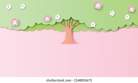 Spring tree background. springtime. Beautiful springtime. paper cut and craft style. vector, illustration.