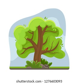 Spring tree with a bird on a branch. Isolated image. Sunny day. Flat cartoon style.