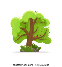 Spring tree with a bird on a branch. Isolated image.
Sunny day. Flat cartoon style.
