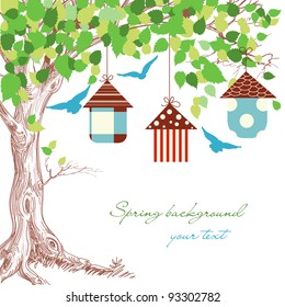 Spring tree, birdcages and blue birds background