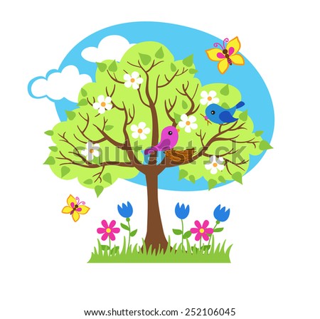 Spring tree, birds build nests, seasonal signs of spring. Vector illustration.