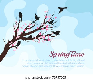 Spring tree with birds. Vector background