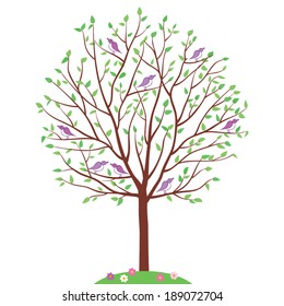 Spring. Tree with birds. Vector illustration.
