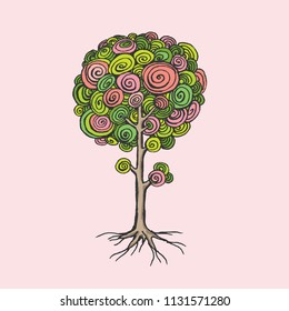 Spring Tree with Blooming flowers, Leaves and Roots isolated on pink background. Vector doodle plant.